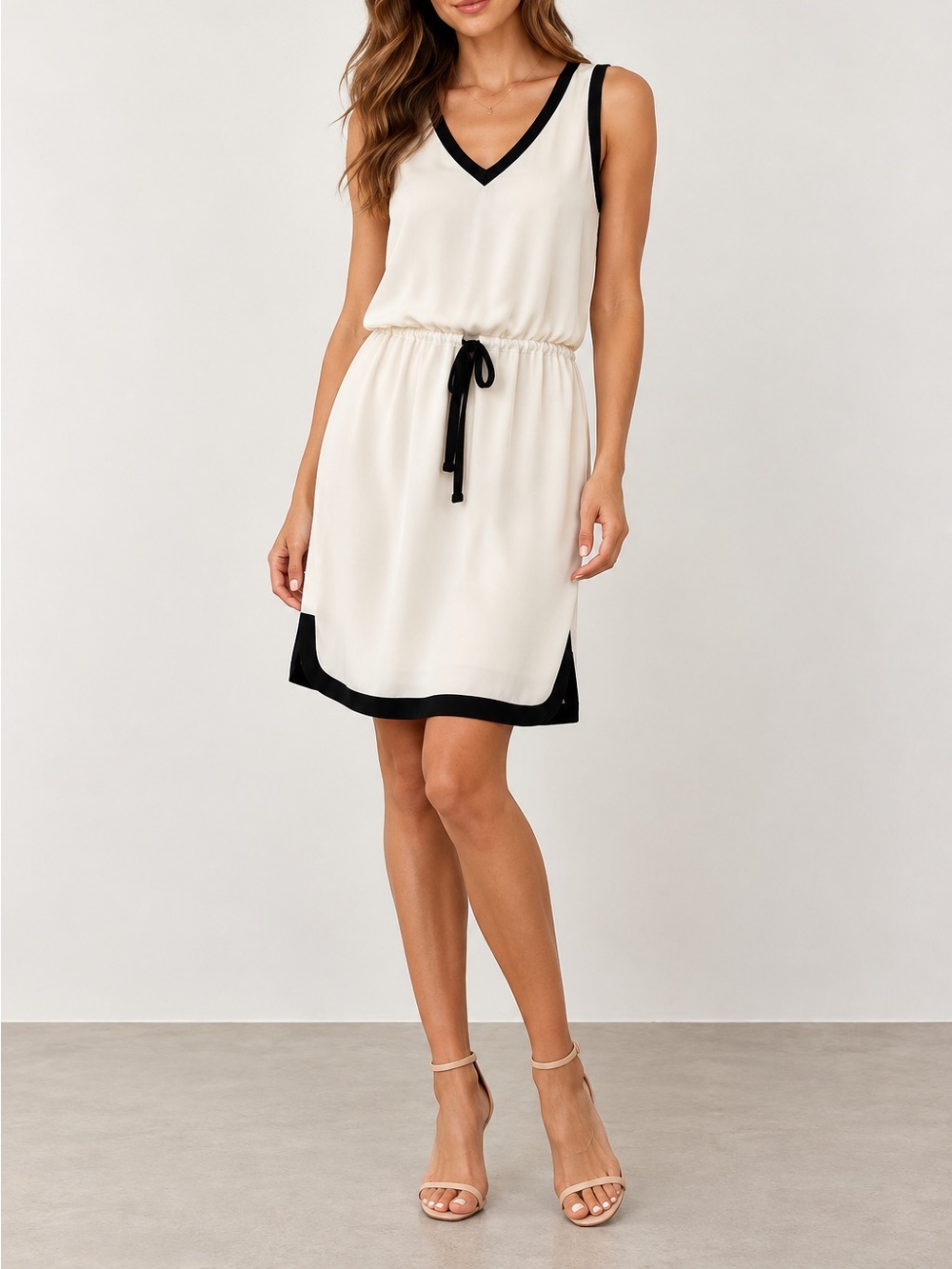 Adam Lippes Silk Cream Black Contrast Trim Sleeveless Dress